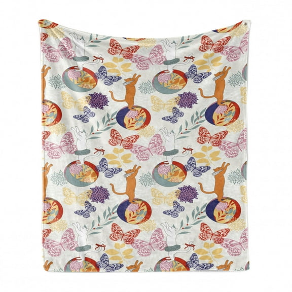 Animals Soft Flannel Fleece Blanket, Pattern of Ornate Cats Play Along Balls Flying Colorful Butterflies, Cozy Plush for Indoor and Outdoor Use, 50" x 60", Persian Orange Multicolor, by Ambesonne