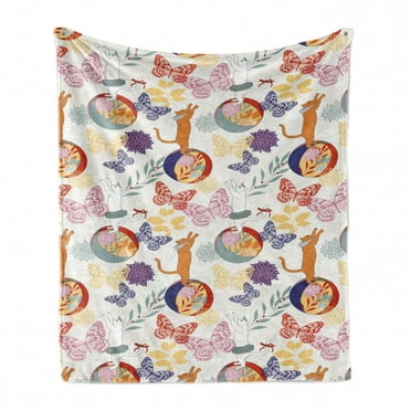 Animals Soft Flannel Fleece Blanket, Pattern of Ornate Cats Play Along Balls Flying Colorful Butterflies, Cozy Plush for Indoor and Outdoor Use, 70" x 90", Persian Orange Multicolor, by Ambesonne