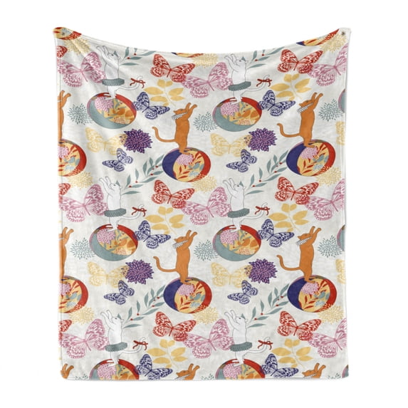 Animals Soft Flannel Fleece Blanket, Pattern of Ornate Cats Play Along Balls Flying Colorful Butterflies, Cozy Plush for Indoor and Outdoor Use, 70" x 90", Persian Orange Multicolor, by Ambesonne
