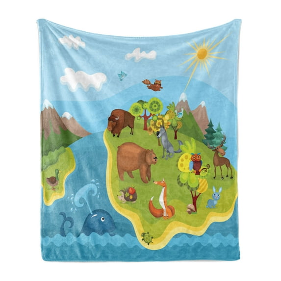Animals Soft Flannel Fleece Blanket, Planet Globe with Cheerful Animals of All Kinds Snowy Mountains and Sunny Blue Sky, Cozy Plush for Indoor and Outdoor Use, 70" x 90", Multicolor, by Ambesonne