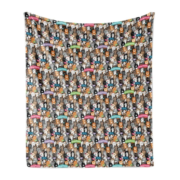 Animals Soft Flannel Fleece Throw Blanket, Cats and Dogs Friends Together Community Happy Faces Seamless Illustration, Cozy Plush for Indoor and Outdoor Use, 50" x 60", Multicolor, by Ambesonne