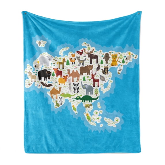Animals Soft Flannel Fleece Throw Blanket, Eurasian Animals Camel Bison Bear and Fox Indigenous Fauna Cartoon Illustration, Cozy Plush for Indoor and Outdoor Use, 50" x 60", Multicolor, by Ambesonne