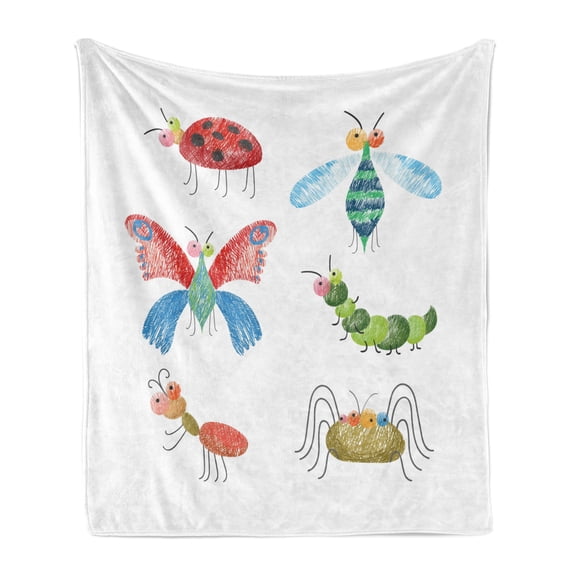 Animals Soft Flannel Fleece Throw Blanket, Hand Drawn Bugs with Pencil Marks Ladybug Caterpillar and Butterfly Composition, Cozy Plush for Indoor and Outdoor Use, 50" x 60", Multicolor, by Ambesonne