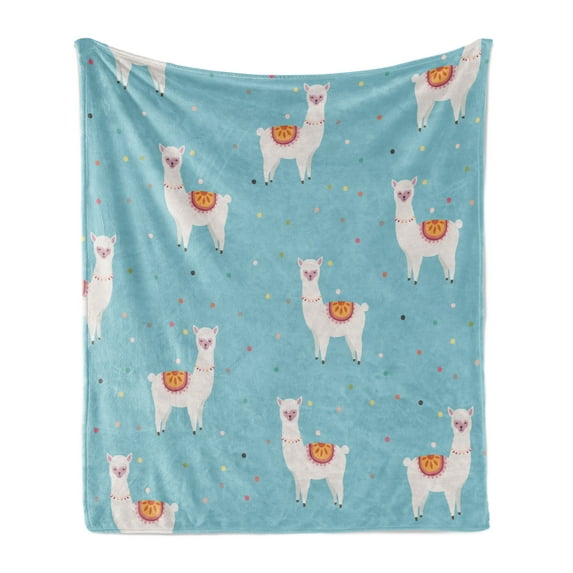Animals Soft Flannel Fleece Throw Blanket, Llama Illustration White Alpacas Pattern and Colorful Dots on Blue Background, Cozy Plush for Indoor and Outdoor Use, 50" x 60", Multicolor, by Ambesonne