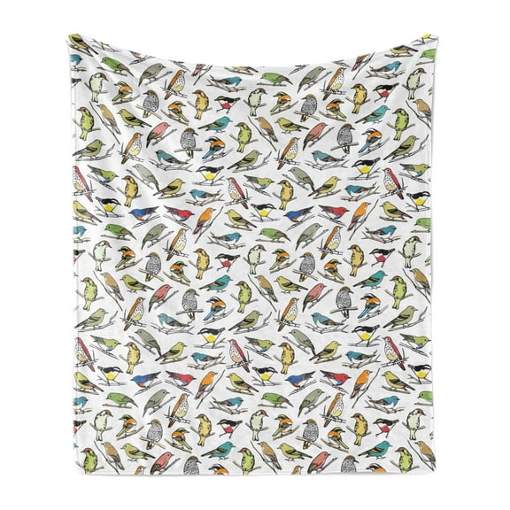 Animals Soft Flannel Fleece Throw Blanket, Natural Illustration of Colorful Different Birds on Branches Plain Background, Cozy Plush for Indoor and Outdoor Use, 50" x 70", Multicolor, by Ambesonne