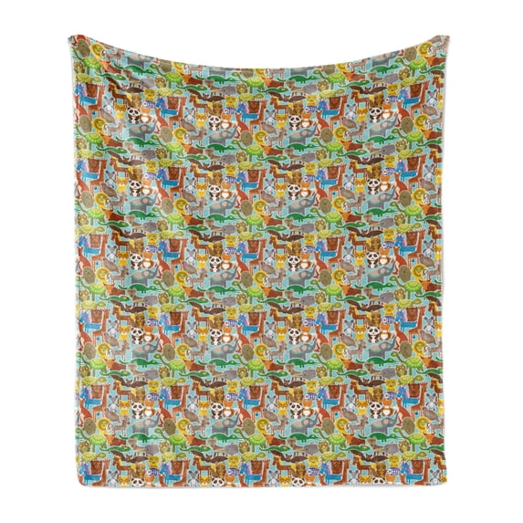 Animals Soft Flannel Fleece Throw Blanket, Various Kinds of Wildlife Animals on a Blue Background Kids Nursery Cartoon Zoo, Cozy Plush for Indoor and Outdoor Use, 60" x 80", Multicolor, by Ambesonne