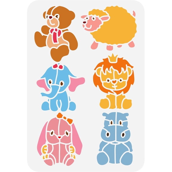 Animals Stencil 8.3x11.7inch Reusable Teddy Bear Elephant Sheep Lion Hippo Bunny Painting Template Animals Theme Decoration Stencil for Painting on Wood Wall and Furniture White