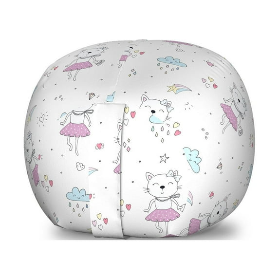 Animals Storage Toy Bag Chair, Funny Cartoon Happy Lady Cat Pattern with Hearts Crown Comet Clouds and Raindrops, Stuffed Animal Organizer Washable Bag, Small Size, Multicolor, by Ambesonne