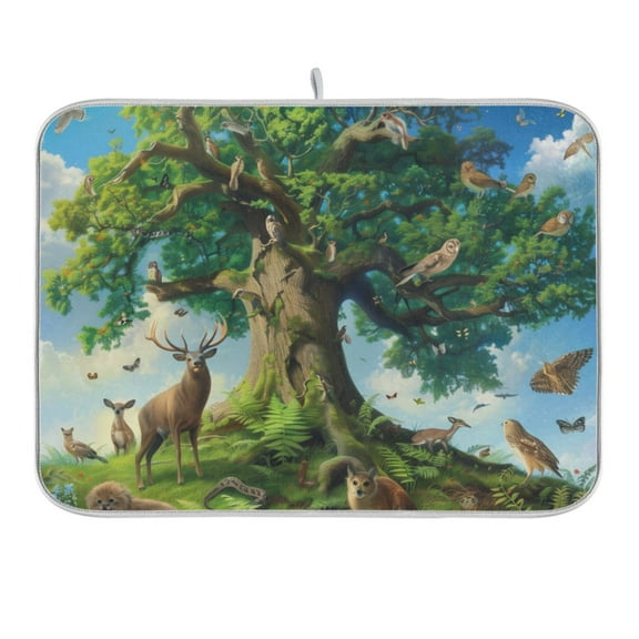 Animals Surrounded Tree Dish Drying Mat 16x18 Absorbent Microfiber Draining Rack Pad for Kitchen Counter Sink