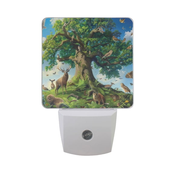Animals Surrounded Tree Night Light 2 Pack LED Nightlight Plug into Wall Dusk to Dawn Sensor Soft White