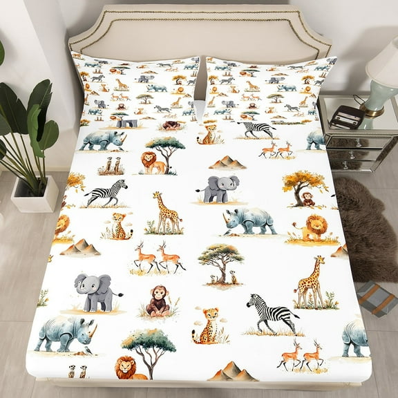 Animals Theme Fitted Sheet Full Size,Elephant Lion Cheetah Zebra Giraffe Monkey Bedding Set, Room Decor,Wildlife Country Bed Cover,White Bed Sheet,2 Pillowcases(No Flat Sheet)