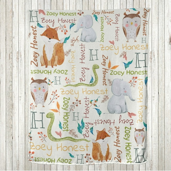 Animals Throw Blanket, Colorful Watercolor Composition with Fox Penguin Elephant and Snake, Flannel Fleece Accent with Custom Name Photo Backdrop, 80" x 60", Off White and Multicolor, by Ambesonne