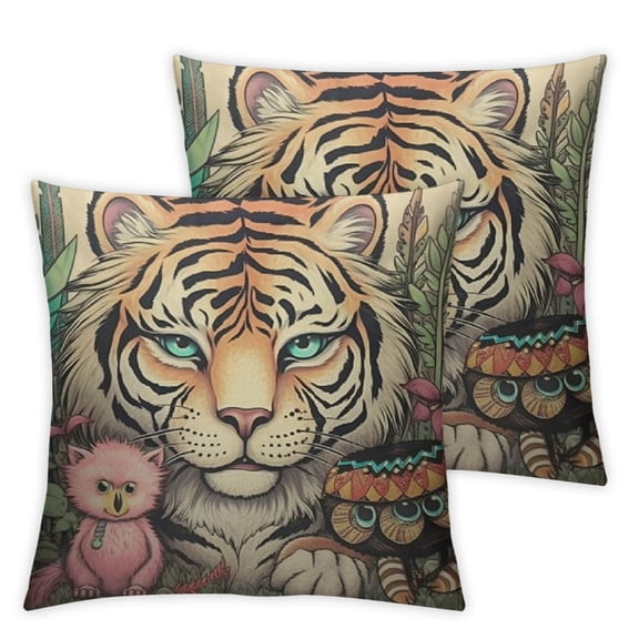 Animals Throw Pillow Cover Cute Cartoon Tribal Tiger and Owl with Feather Decorative Square Pillow Case for Home Bedroom Living Room Cushion Cover Inch