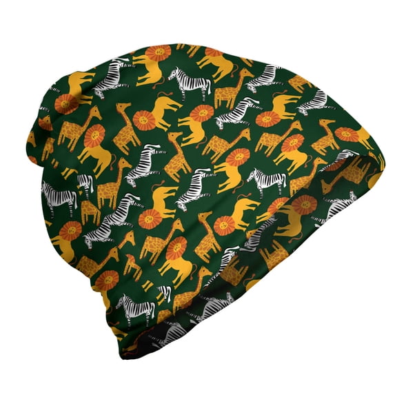 Animals Unisex Beanie, Lions Zebras and Giraffes, Hiking Outdoors, Multicolor, by Ambesonne