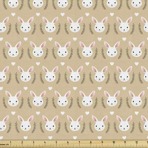 Ambesonne Animals Fabric by the Yard Upholstery, Rabbit Heads with Long Ears, 5 Yards, Pastel Brown Tan
