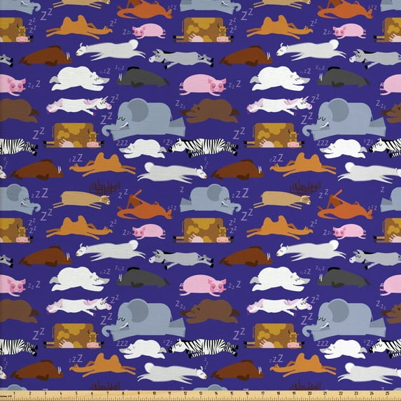 Ambesonne Animals Fabric by the Yard Upholstery, Many Creatures Sleeping, 2 Yards, Indigo Multicolor