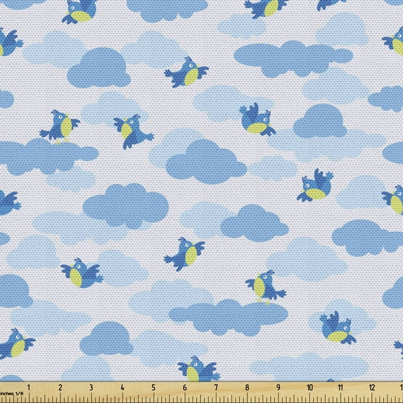 Ambesonne Animals Fabric by the Yard Upholstery, Birds Flying on Clouds, 1 Yard, Multicolor