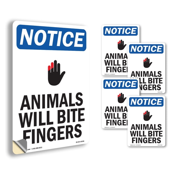 Animals Will Bite Fingers With Symbol OSHA Notice Vinyl Decal Label 7 Inch x 5 Inch - 5 Pack