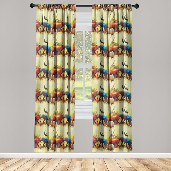 Animals Window Curtains, Ancient Mural Inspired Oil Painted Like Elephant Sketches Print, Lightweight Decor 2-Panel Set with Rod Pocket, Pair of - 28"x95", Cream Vermilion and Scarlet, by Ambesonne