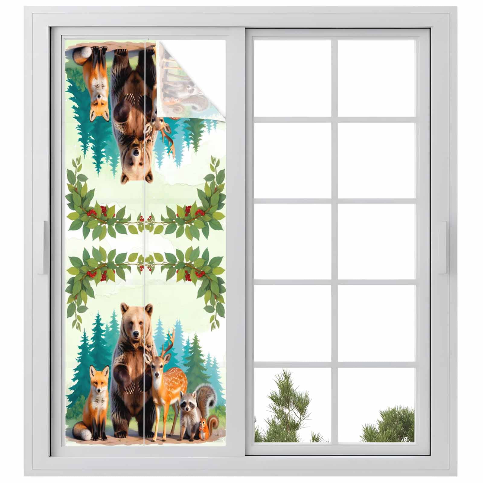 Animals Window Privacy Film, Forest Bear Fox Deer Raccoon Squirrel Leaf ...