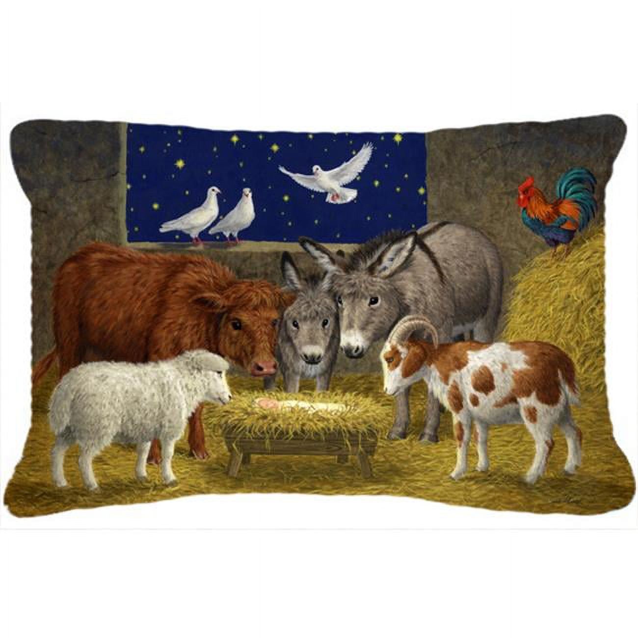 Animals at Crib Nativity Christmas Scene Fabric Decorative Pillow