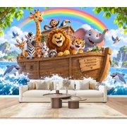 Animals cartoon Noahs Ark Wallpaper Cute Cartoon Animals Under Rainbow Peel and Stick Wall Murals 100"H x 144"W Removable PVC Wall Paper Self-Adhesive Wall Decor for Bedroom Nursery Room