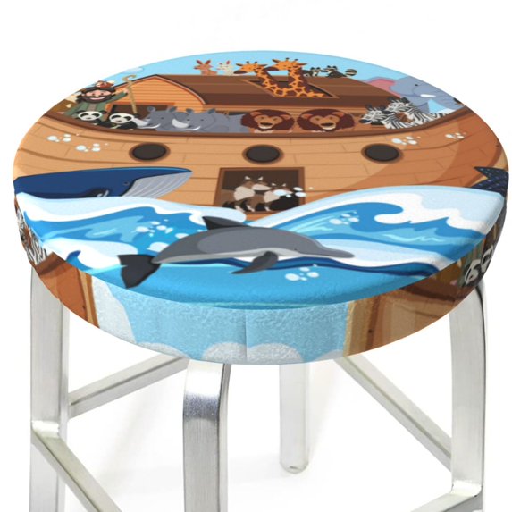 Animals on Noah's Ark Round Bar Stool Seat Covers, Elastic Round Chair Cover Stool Seat Slipcover Bar Stool Cushions Round Pad for 12-14 inch