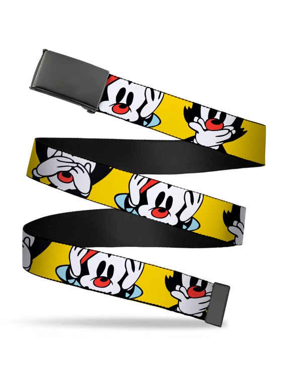 Adjustable Belt, Clamp Buckle, Cut-to-Fit, Animaniacs Wakko See Hear Speak No Evil Poses Yellow