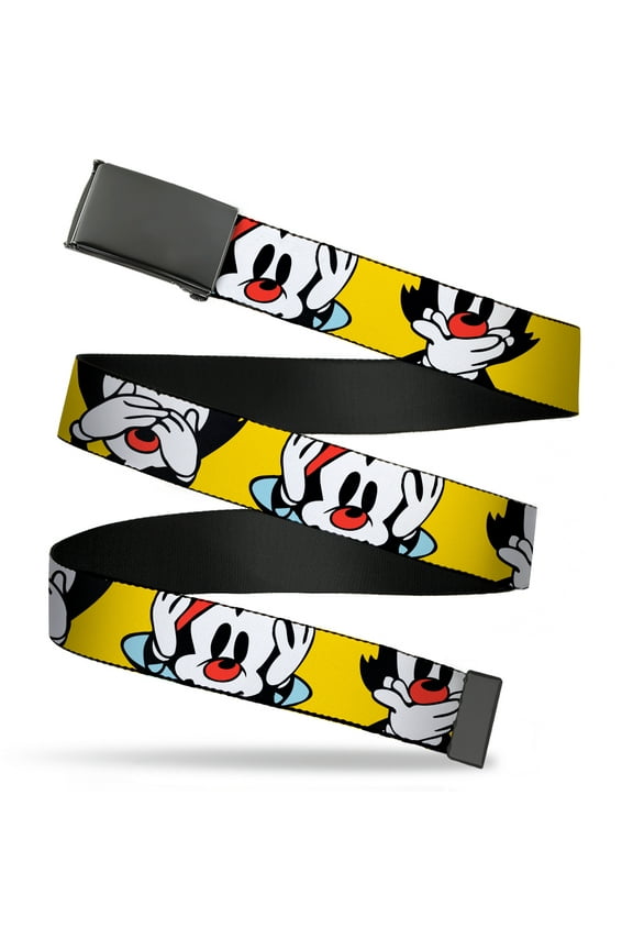 Adjustable Belt, Clamp Buckle, Cut-to-Fit, Animaniacs Wakko See Hear Speak No Evil Poses Yellow