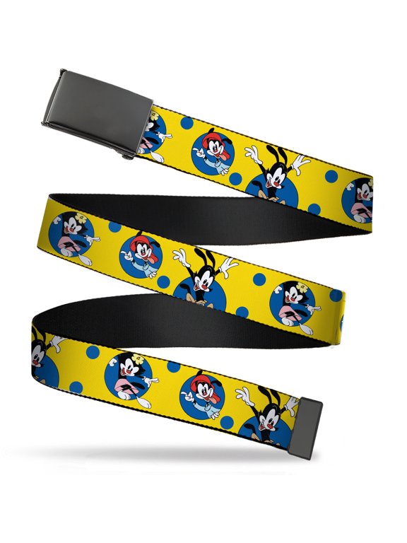 Adjustable Belt, Clamp Buckle, Cut-to-Fit, Animaniacs Yakko Wakko and Dot Poses Yellow