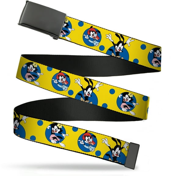 Adjustable Belt, Clamp Buckle, Cut-to-Fit, Animaniacs Yakko Wakko and Dot Poses Yellow