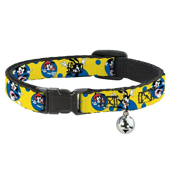 Animaniacs Breakaway Cat Collar With Bell, Plastic Clip, Easy Adjustable, Animaniacs Yakko Wakko and Dot Poses Yellow, 8.5 to 12 Inches 0.5 Inch Wide