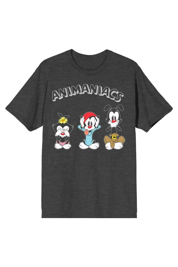 Animaniacs Dot, Wakko, and Yakko Warner Men's Charcoal Heather Graphic Tee-3XL