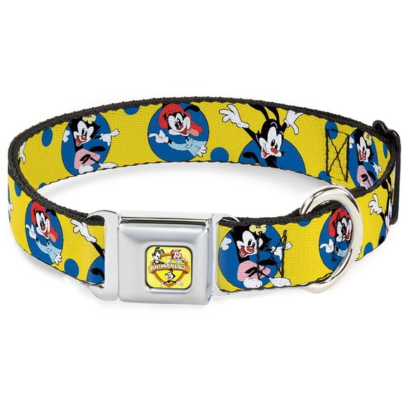 Animaniacs Pet Collar, Dog Collar Metal Seatbelt Buckle, Animaniacs Yakko Wakko and Dot Poses Yellow, 16 to 23 Inches 1.5 Inch Wide