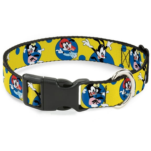 Animaniacs Pet Collar, Dog Collar Plastic Buckle, Animaniacs Yakko Wakko and Dot Poses Yellow, 20 to 31 Inches 1.5 Inch Wide