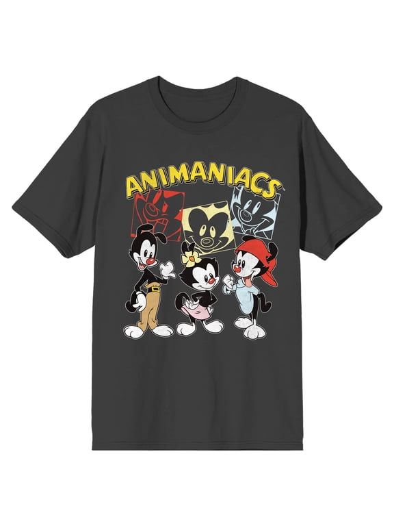 Animaniacs Wakko Yakko And Dot Men's Charcoal T-shirt-Large