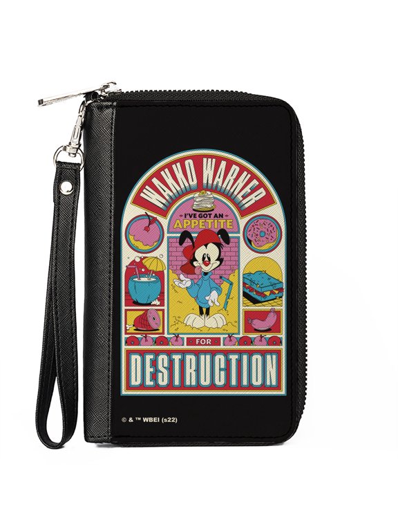 Animaniacs Wallet, Zip Around, Animaniacs Wakko Warner Appetite for Destruction Pose Black, Vegan Leather