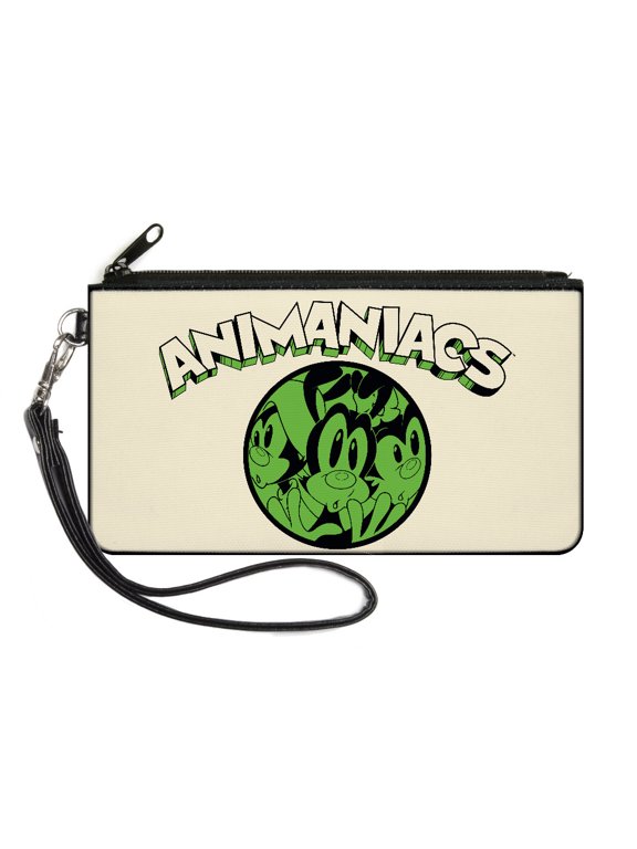 Animaniacs Wallet, Zip Clutch, Animaniacs Wakko Yakko Dot Close Up Pose White Black Green, Canvas