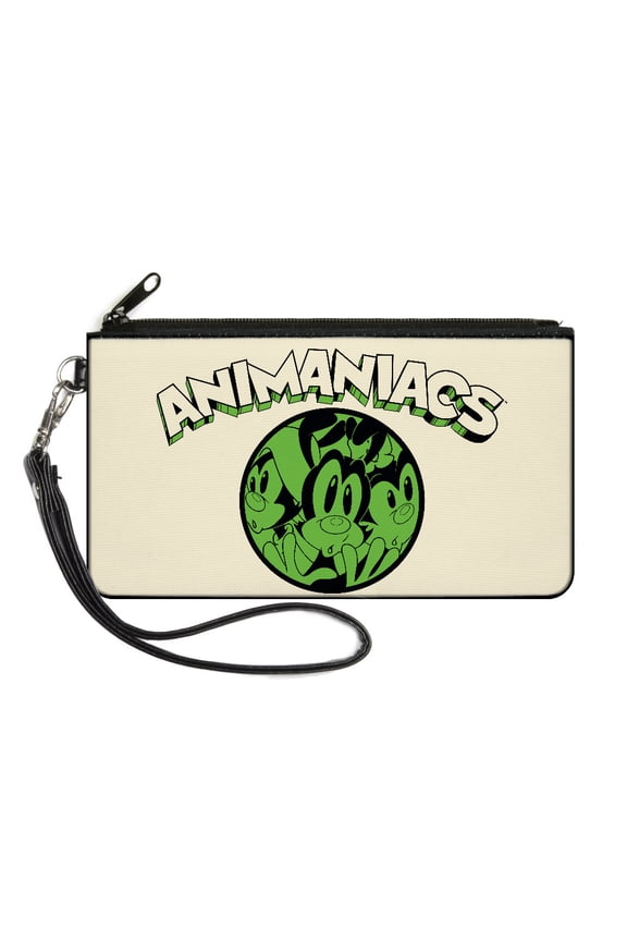 Animaniacs Wallet, Zip Clutch, Animaniacs Wakko Yakko Dot Close Up Pose White Black Green, Canvas