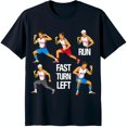 Animated Athletes Graphic TShirt 'RUN FAST TURN LEFT' Design on Black