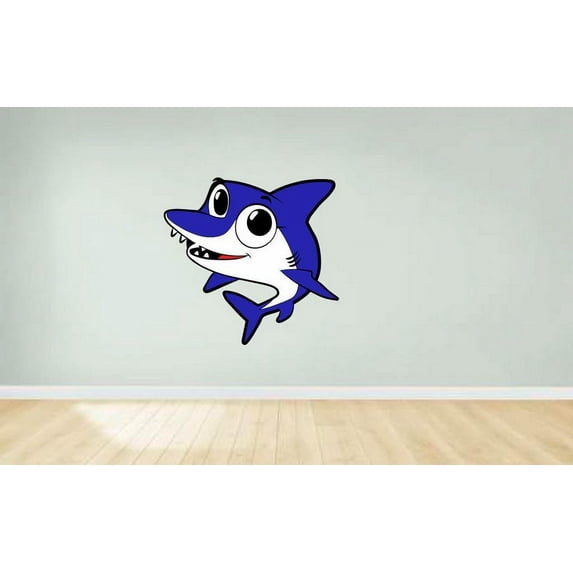 Animated Blue Big Eyes Shark Cartoon Character Wall Art Sticker Vinyl Decals Girls Boys Children Baby Bedroom House School Wall Decor Removable Sticker Peel and Stick Size (30x10 inch)