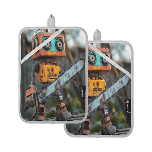 Animated Chainsaw Robot Square Insulation Pads 2 Piece Heat Resistant 338 Degrees F Oven Mitts for Kitchen Table BBQ Microwave and Other Cooking Occasions