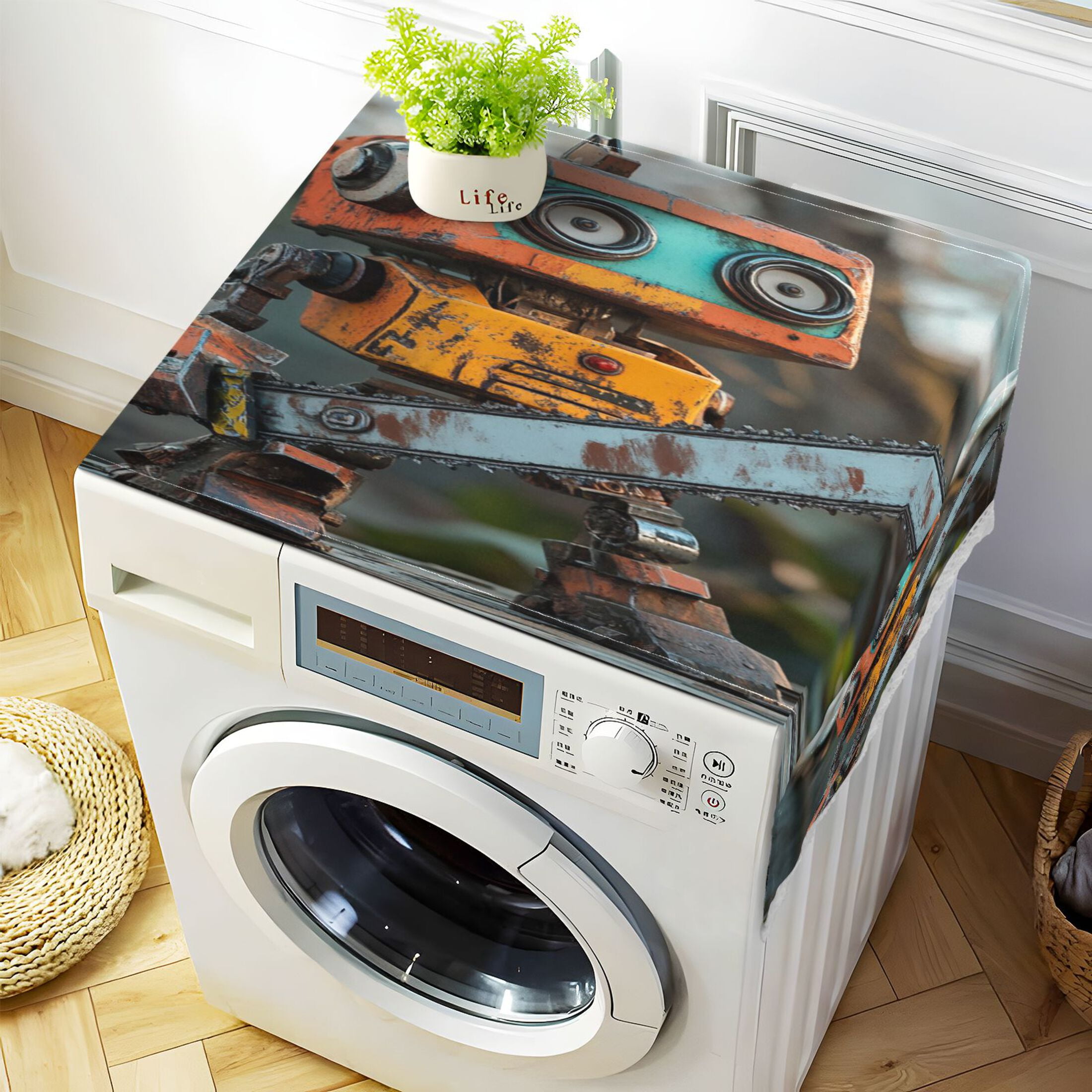 Animated Chainsaw RobotWasher and Dryer Covers Dust-Proof and Oil Resistant Fridge Cover with 4 Storage Pockets Washing Machine Top Cover for Laundry Kitchen Home 51.2 x 22 In