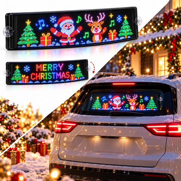 Animated Christmas LED Rear Window Panel, App Controlled Car Display with Custom Text, Scrolling Effects, GIF Animations, Music Sync, Brightness Control and USB Powered Holiday Window Sign