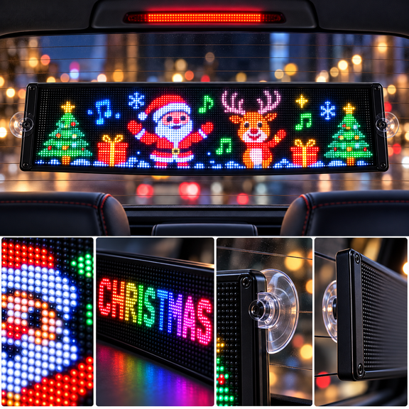 Animated Christmas LED Rear Window Panel, App Controlled Car Window Display with Custom Messages, Animated GIF Effects, Music Sync, Adjustable Brightness and USB Powered Holiday Decor