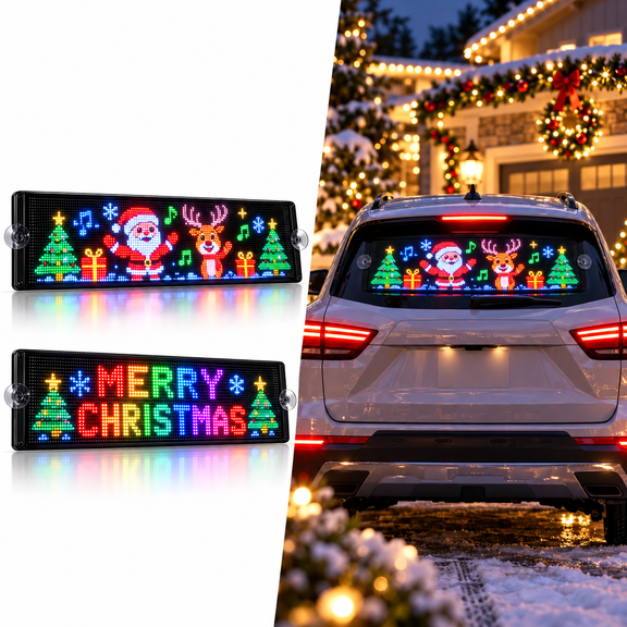 Animated Christmas LED Rear Window Panel, App Controlled LED Car Sign with Custom Text, Scrolling Effects, Festive GIF Animations, Music Sync, Brightness Control and USB Powered Window Display