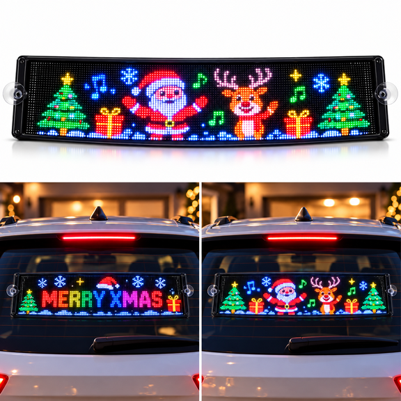 Animated Christmas LED Rear Window Panel, Custom Text Car Display with App Control, Scrolling Messages, Pixel GIF Animations, Music Sync, Brightness Adjustment and USB Power for Holiday Decor
