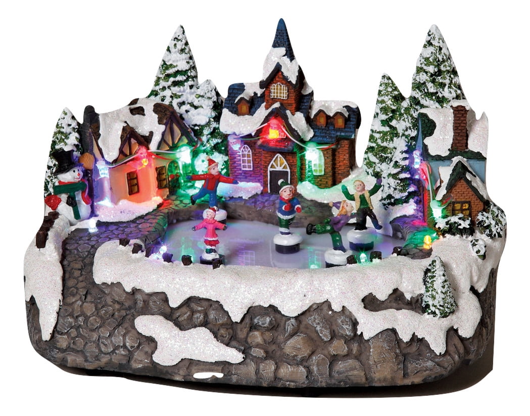 Animated Christmas Snow Village Town Ice Skating Rink Scene Light Up ...
