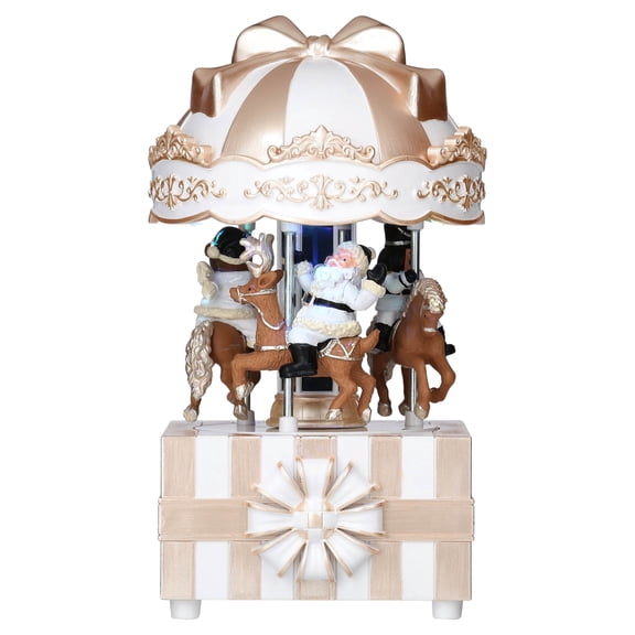 Light-Up and Musical Animated Carousel with Gift Box Base Christmas Village Decoration, Gold and White, 7.5", by Holiday Time