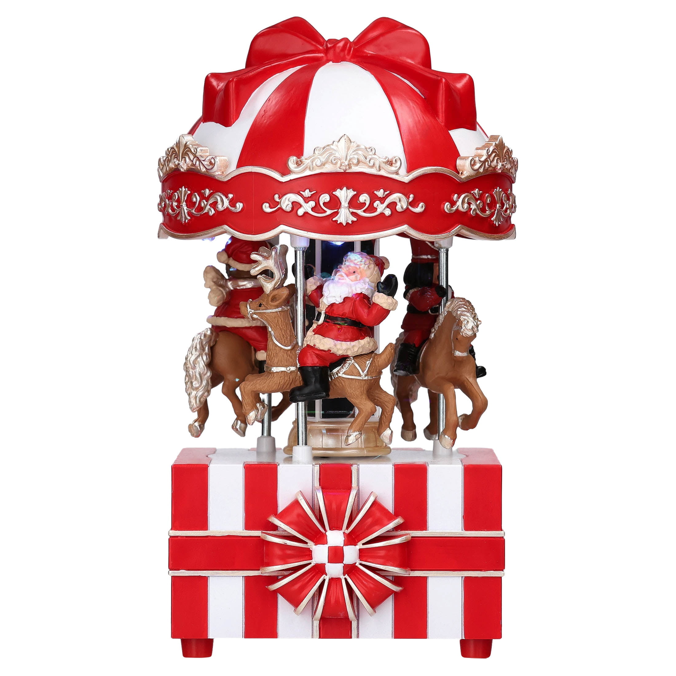 Light-Up and Musical Animated Carousel with Gift Box Base Christmas Village Decoration, Red and White, 7.5", by Holiday Time